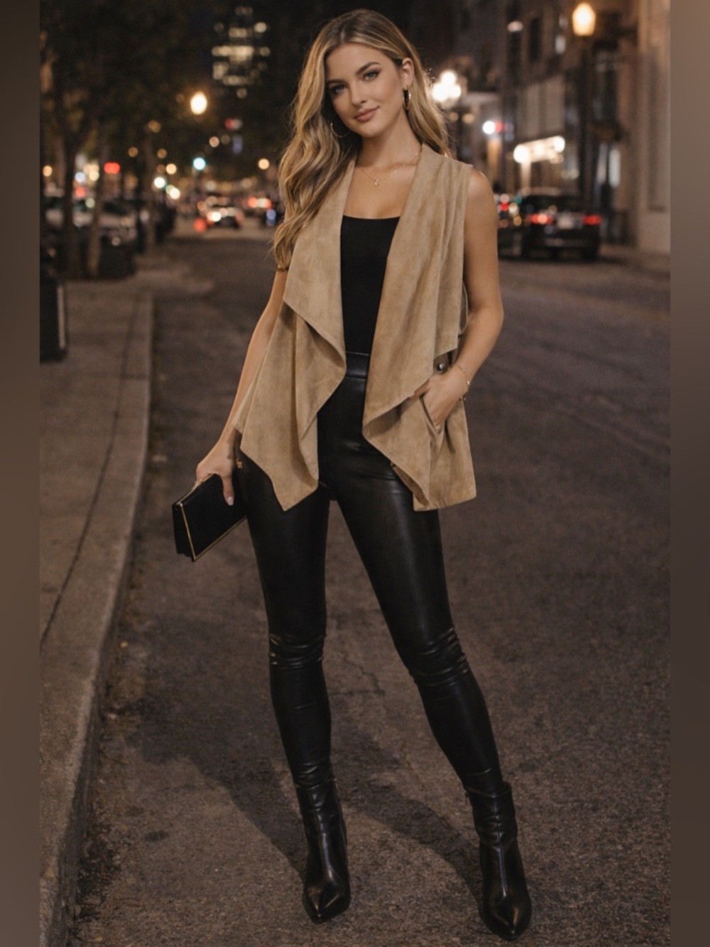 Beige Faux Suede Lace Up Back Vest Waterfall Drape Jacket Medium bebe